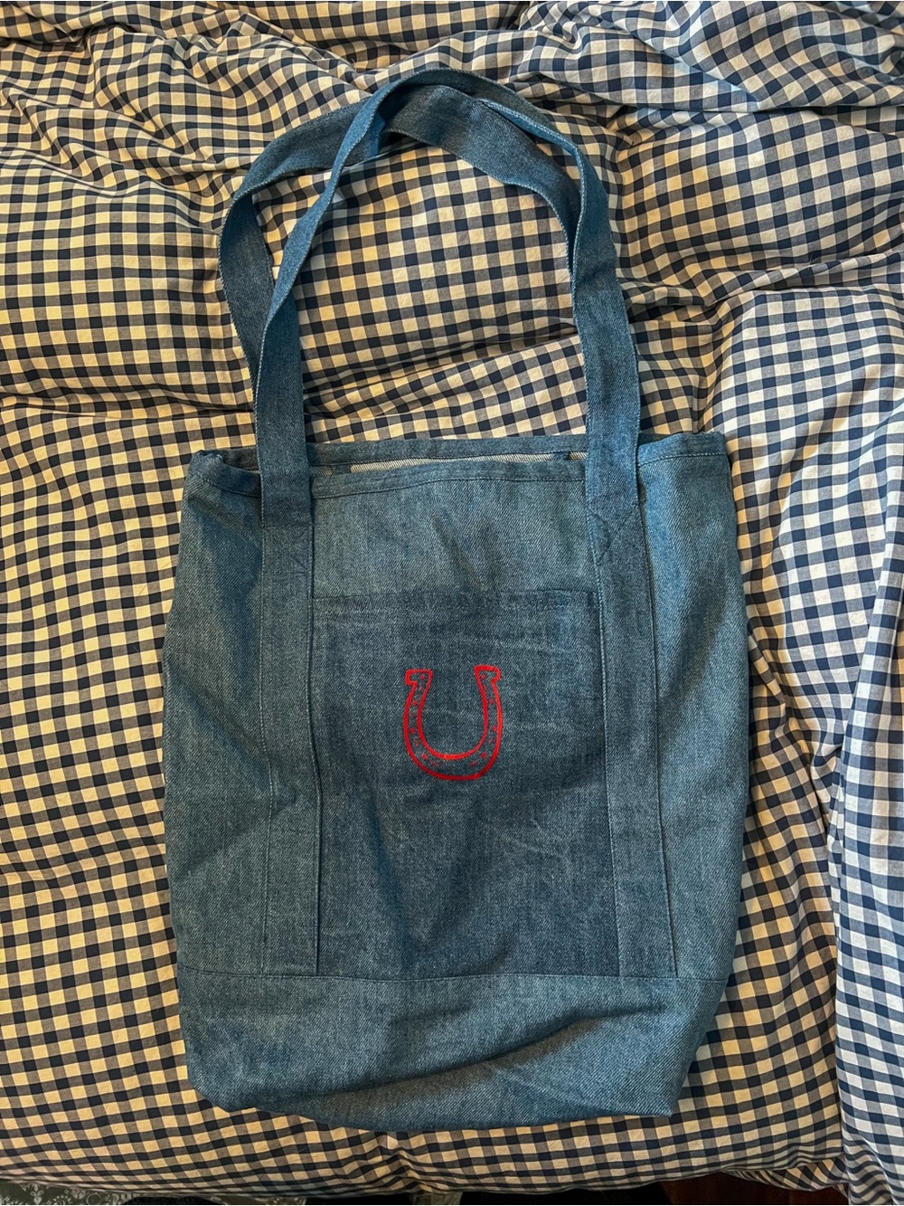 Denim Tote Bag with Red Horseshoe Embroidery - Womans Bags